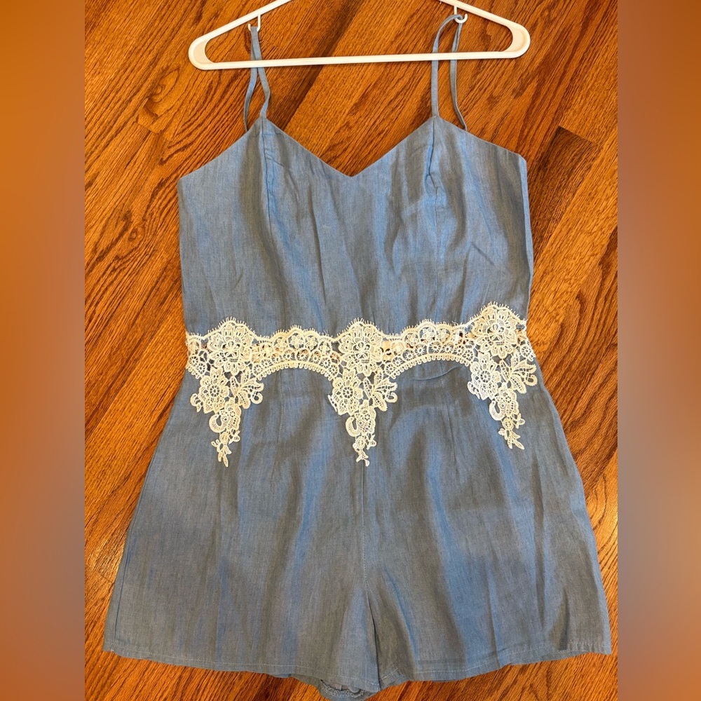 Boohoo Crochet Trim Romper - Blue (US 8)